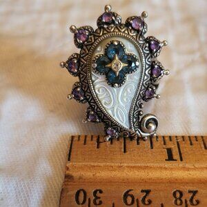 Paisley Ring, Carved Mother of Pearl, Amethyst, Blue Topaz, tiny Diamond. 5 1/2